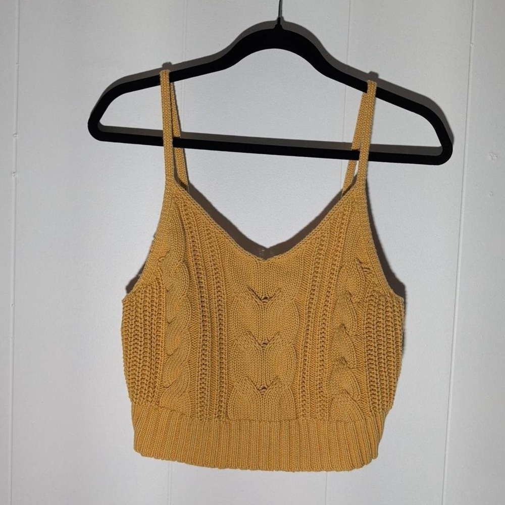 Womens American Eagle Yellow Tank Top Large Excellent Cable Knit Cropped Cotton